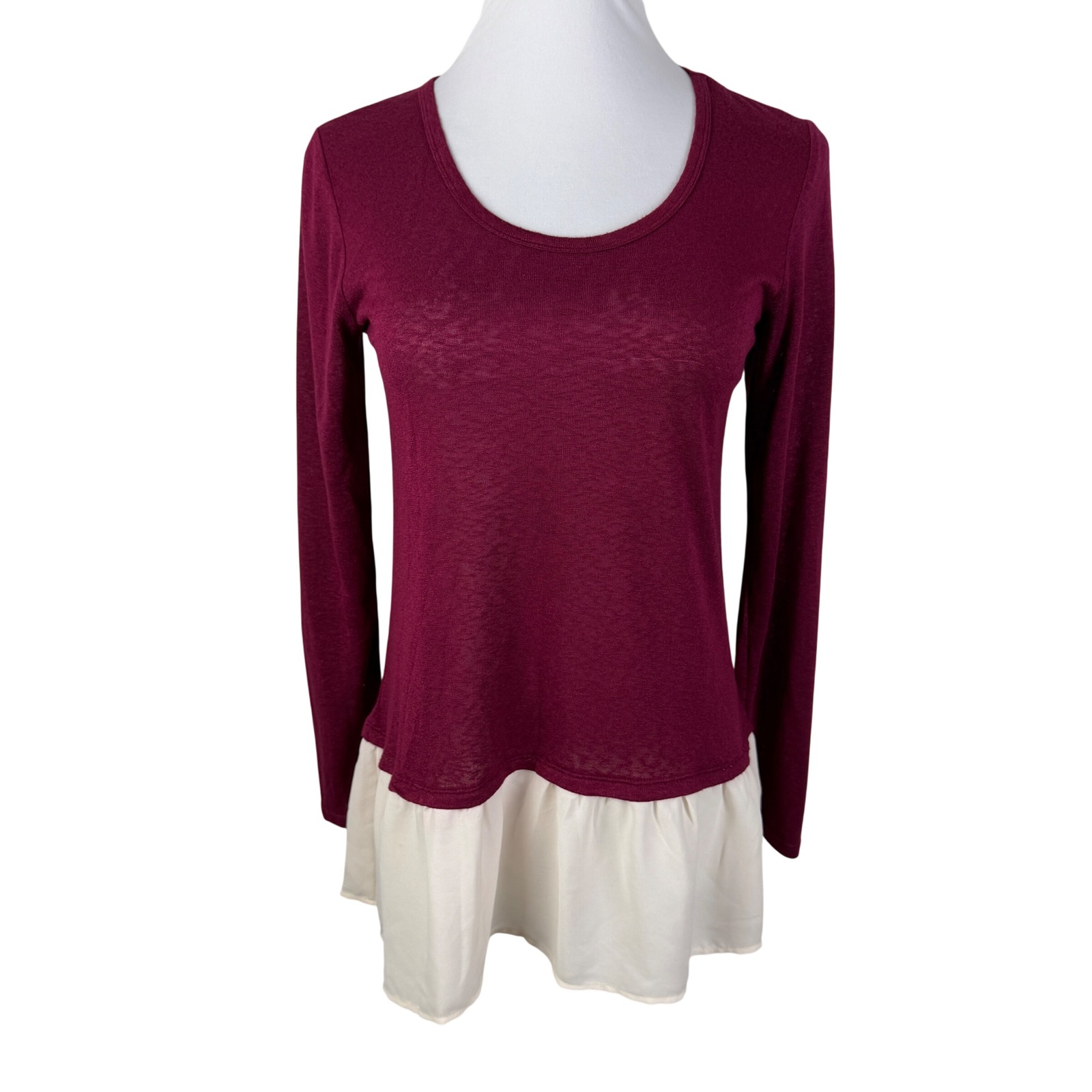 Charming Charlie Burgundy Layered Look Peplum Top Medium Wine Long Sleeve Scoop